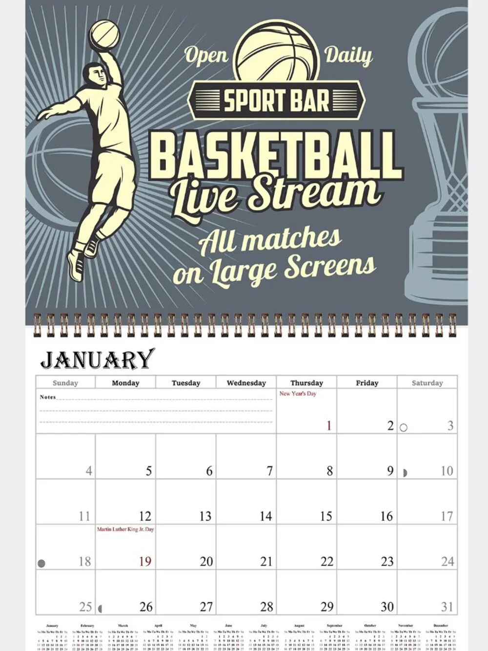 2027 Spiral-bound Wall Calendar (Basketball) - 12 Months Desktop (11x17)